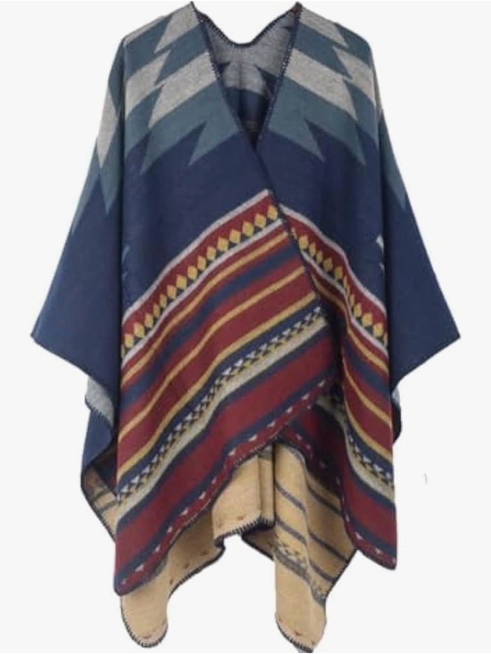 Navy Multicolor Aztec-Stripe Poncho Cape